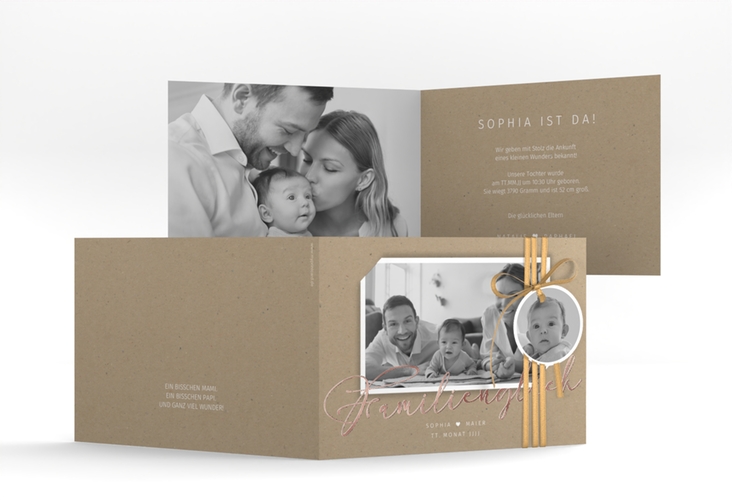Geburtskarte Familienzuwachs A6 Klappkarte quer Kraftpapier rosegold