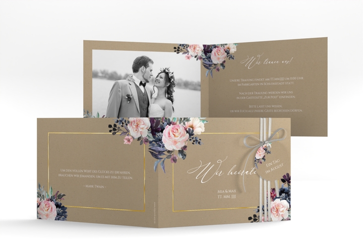 Hochzeitseinladung Abendlicht A6 Klappkarte quer Kraftpapier gold
