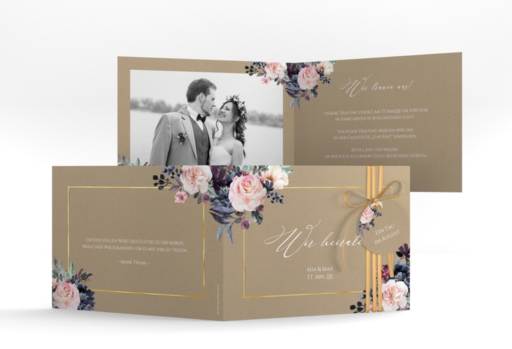 Hochzeitseinladung Abendlicht A6 Klappkarte quer Kraftpapier gold