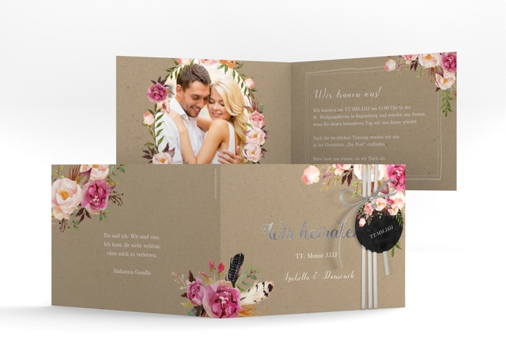 Hochzeitseinladung Flowers A6 Klappkarte quer Kraftpapier silber mit bunten Aquarell-Blumen