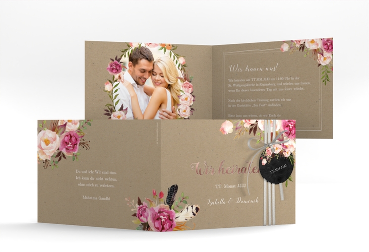 Hochzeitseinladung Flowers A6 Klappkarte quer Kraftpapier rosegold mit bunten Aquarell-Blumen