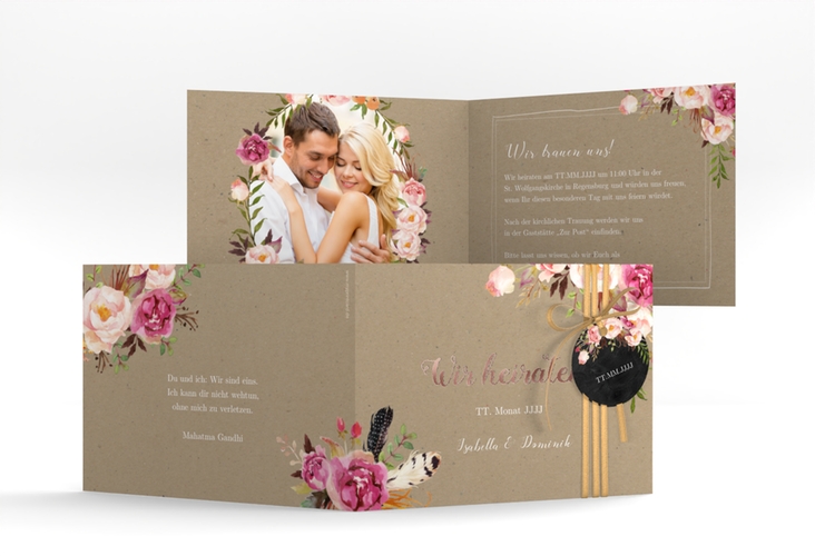 Hochzeitseinladung Flowers A6 Klappkarte quer Kraftpapier rosegold mit bunten Aquarell-Blumen
