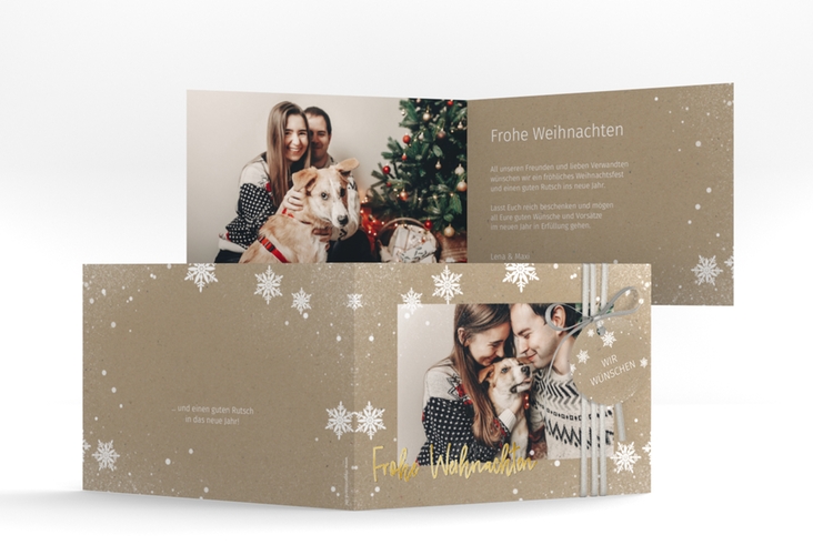 Weihnachtskarte Schneezauber A6 Klappkarte quer Kraftpapier gold mit Foto und Schneeflocken