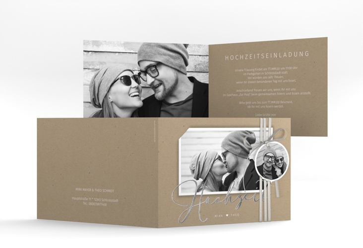 Hochzeitseinladung Crafty A6 Klappkarte quer Kraftpapier silber mit Foto