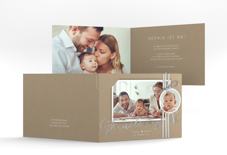 Geburtskarte Familienzuwachs A6 Klappkarte quer Kraftpapier silber
