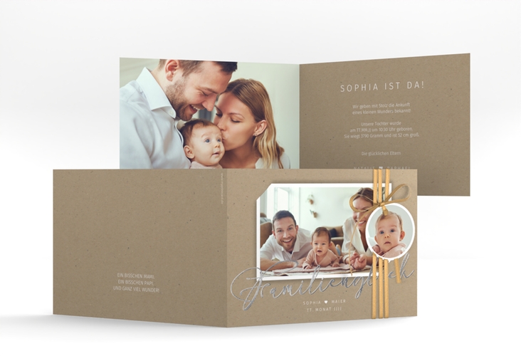 Geburtskarte Familienzuwachs A6 Klappkarte quer Kraftpapier silber