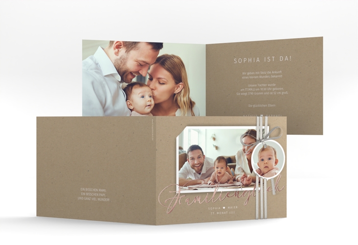 Geburtskarte Familienzuwachs A6 Klappkarte quer Kraftpapier rosegold