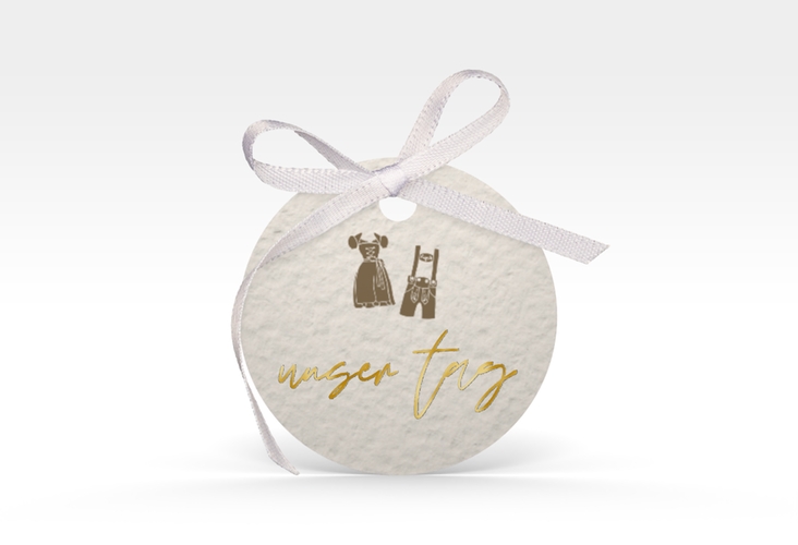 Geschenkanhänger Hochzeit Trachtenhochzeit Geschenkanhänger, rund gold mit Dirndl und Lederhose