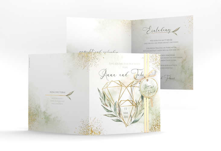 Hochzeitseinladung Heartfelt quadr. Klappkarte gold mit Diamanten im Geometric Design