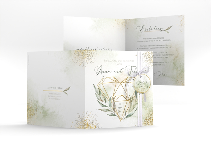 Hochzeitseinladung Heartfelt quadr. Klappkarte gold mit Diamanten im Geometric Design