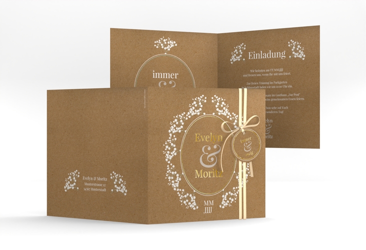 Hochzeitseinladung Gypsophila quadr. Klappkarte gold im Vintage-Stil mit Blumenkranz aus Schleierkraut