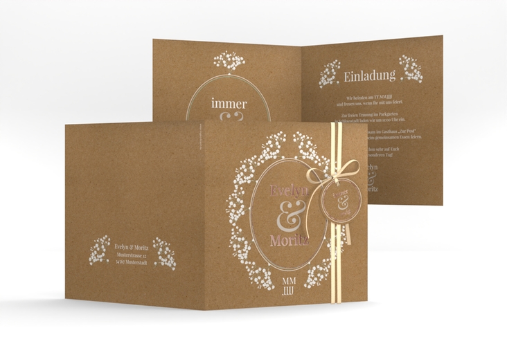 Hochzeitseinladung Gypsophila quadr. Klappkarte rosegold im Vintage-Stil mit Blumenkranz aus Schleierkraut