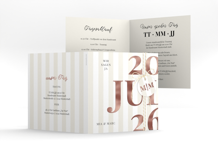 Hochzeitseinladung Streifen quadr. Klappkarte rosegold