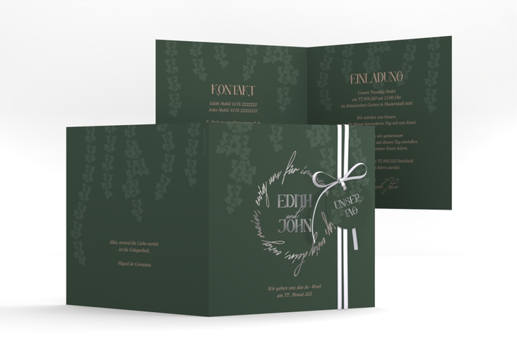 Hochzeitseinladung Efeugrün quadr. Klappkarte silber im Fantasy-Elfen-Design mit Efeu
