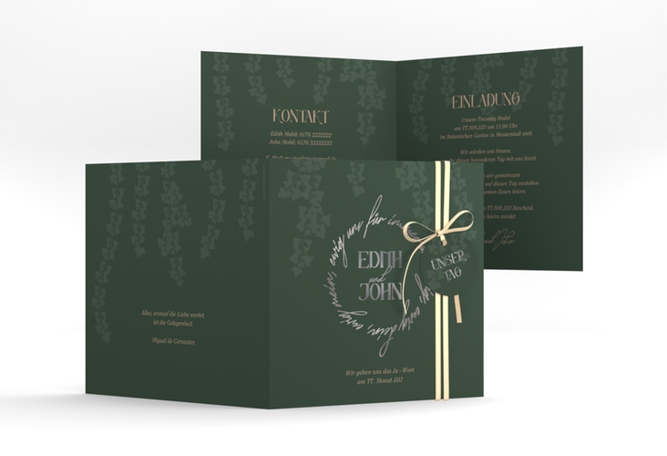 Hochzeitseinladung Efeugrün quadr. Klappkarte silber im Fantasy-Elfen-Design mit Efeu