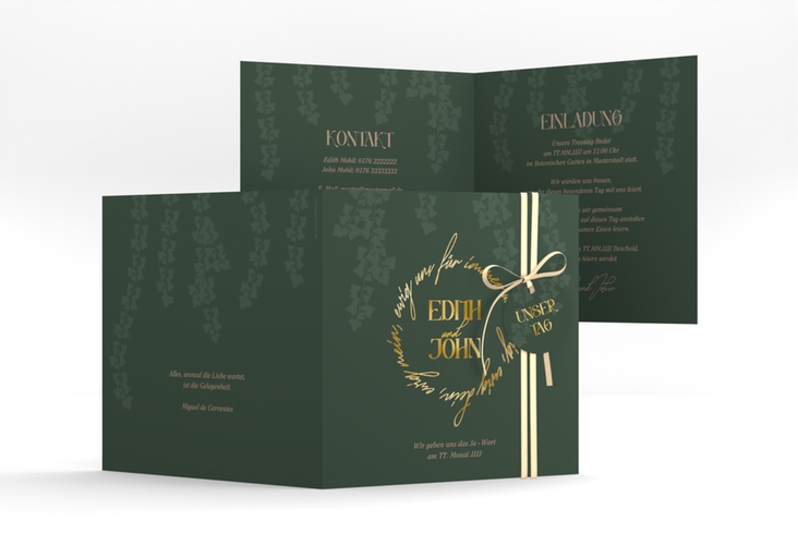 Hochzeitseinladung Efeugrün quadr. Klappkarte gold im Fantasy-Elfen-Design mit Efeu