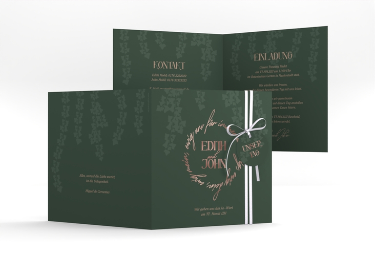 Hochzeitseinladung Efeugrün quadr. Klappkarte rosegold im Fantasy-Elfen-Design mit Efeu