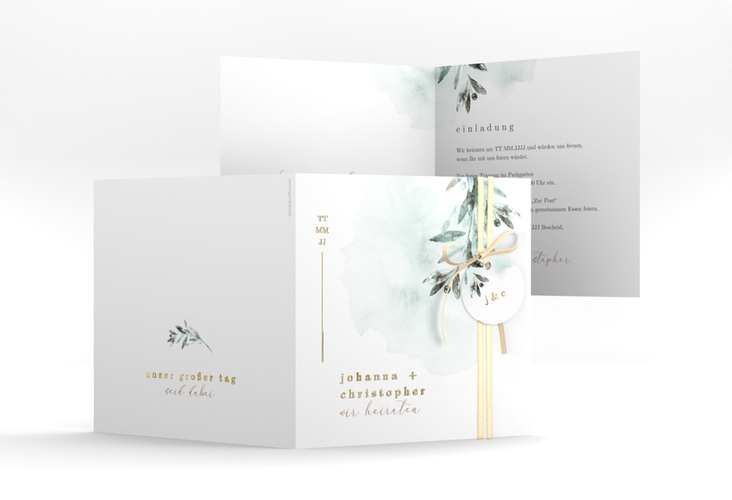 Hochzeitseinladung Mediterran quadr. Klappkarte gold mit Lorbeerzweig in Aquarell