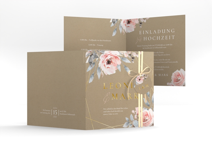 Hochzeitseinladung Perfection quadr. Klappkarte gold mit rosa Rosen