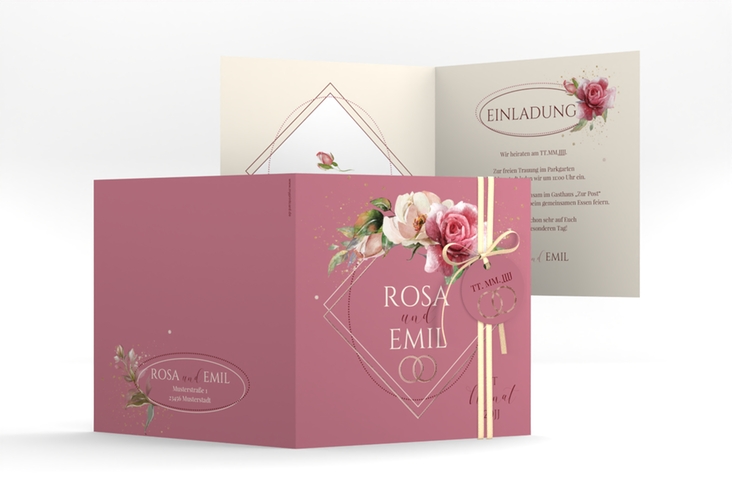 Hochzeitseinladung Rosenbogen quadr. Klappkarte rosegold