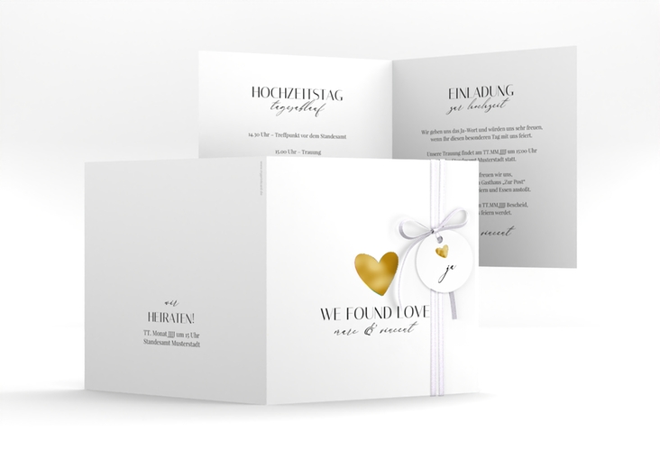Hochzeitseinladung Liebesbote quadr. Klappkarte gold