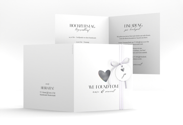 Hochzeitseinladung Liebesbote quadr. Klappkarte silber