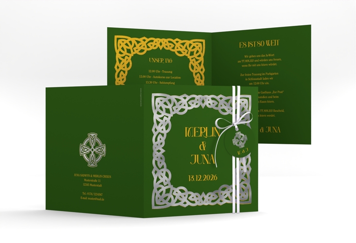 Hochzeitseinladung Celtic quadr. Klappkarte silber mit keltischem Knoten in irischen Farben