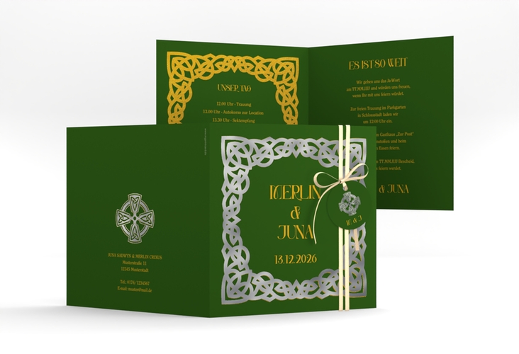 Hochzeitseinladung Celtic quadr. Klappkarte silber mit keltischem Knoten in irischen Farben