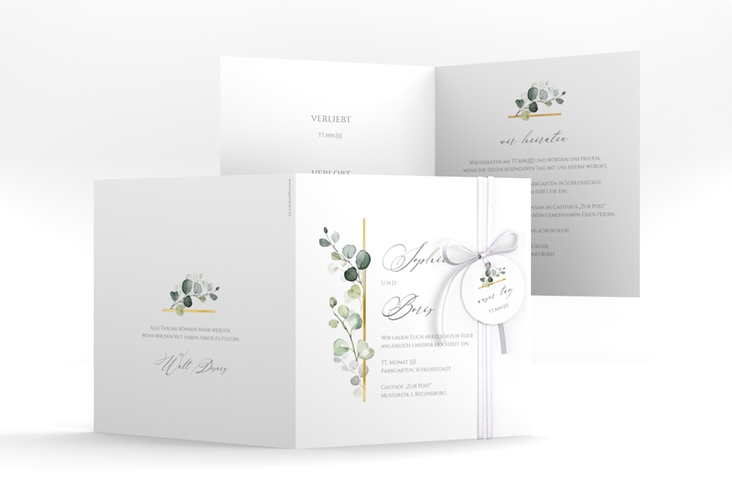 Hochzeitseinladung Adelya quadr. Klappkarte gold elegant mit Eukalyptus-Motiv