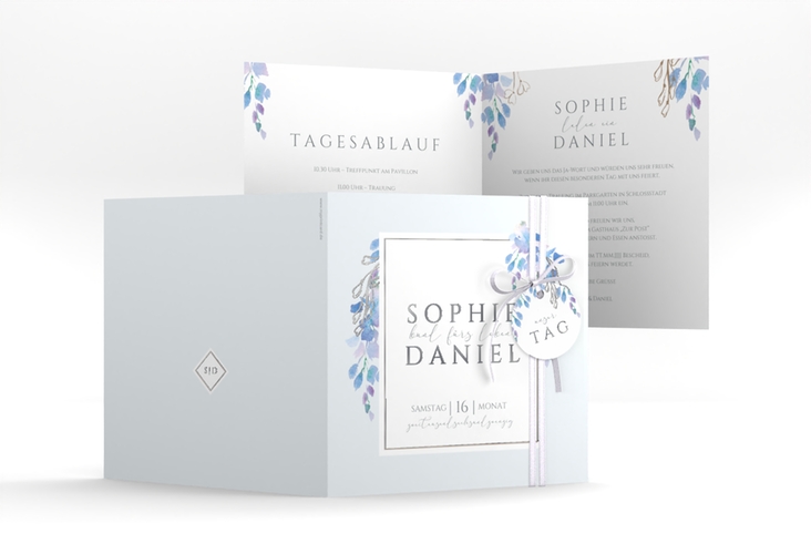 Hochzeitseinladung Blauregen quadr. Klappkarte silber mit Wisteria-Blüten