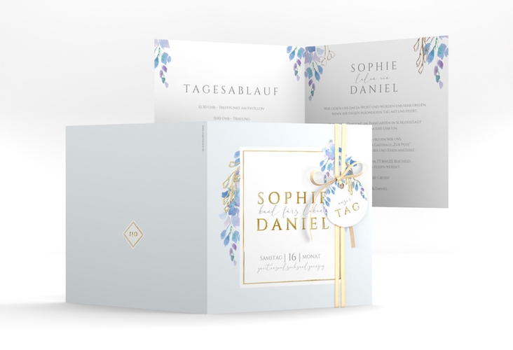 Hochzeitseinladung Blauregen quadr. Klappkarte gold mit Wisteria-Blüten