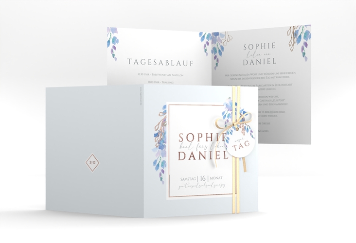 Hochzeitseinladung Blauregen quadr. Klappkarte rosegold mit Wisteria-Blüten