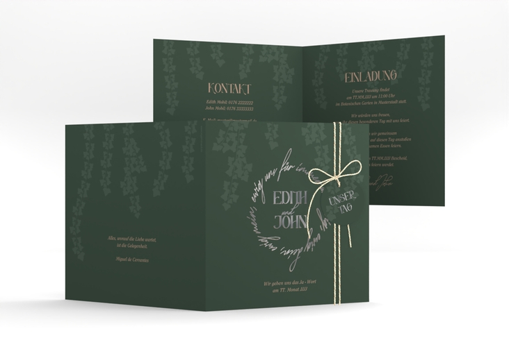 Hochzeitseinladung Efeugrün quadr. Klappkarte silber im Fantasy-Elfen-Design mit Efeu