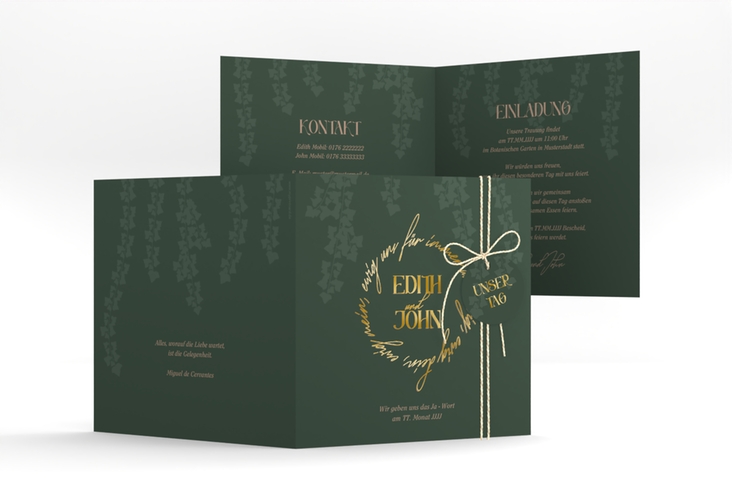 Hochzeitseinladung Efeugrün quadr. Klappkarte gold im Fantasy-Elfen-Design mit Efeu