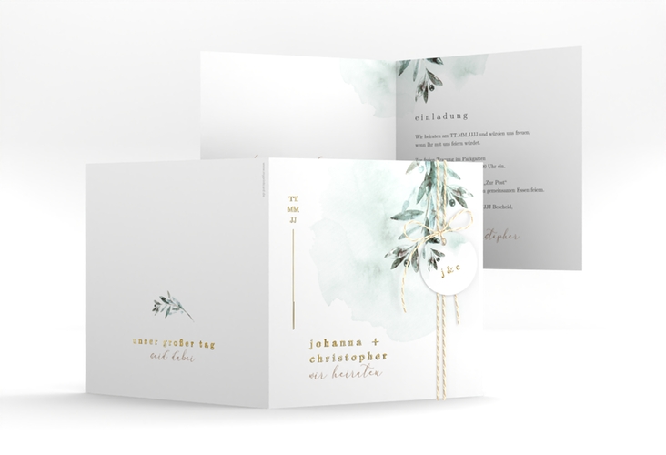 Hochzeitseinladung Mediterran quadr. Klappkarte gold mit Lorbeerzweig in Aquarell