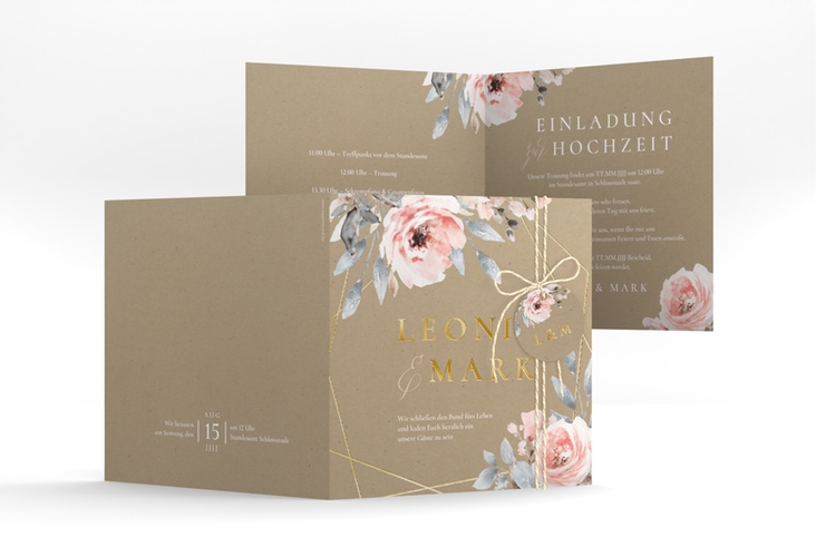 Hochzeitseinladung Perfection quadr. Klappkarte gold mit rosa Rosen