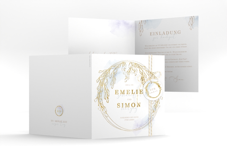 Hochzeitseinladung Wisteria quadr. Klappkarte gold mit Blumenbogen aus Blauregen