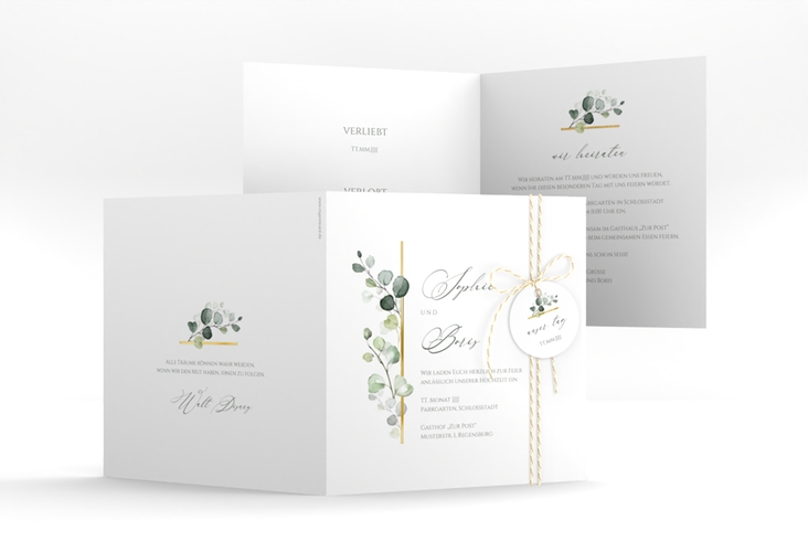 Hochzeitseinladung Adelya quadr. Klappkarte gold elegant mit Eukalyptus-Motiv