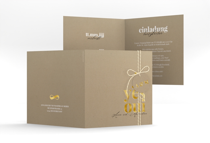 Hochzeitseinladung Oui quadr. Klappkarte gold mit Ja-Wort in verschiedenen Sprachen