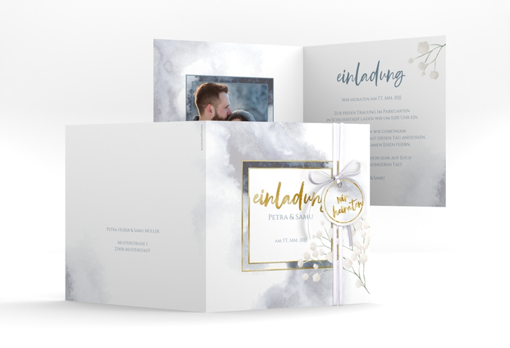Hochzeitseinladung Winter quadr. Klappkarte gold mit Schleierkraut