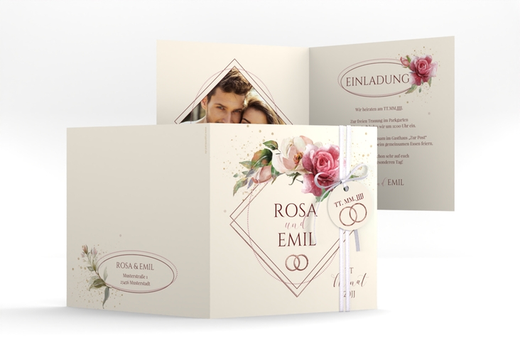 Hochzeitseinladung Rosenbogen quadr. Klappkarte rosegold