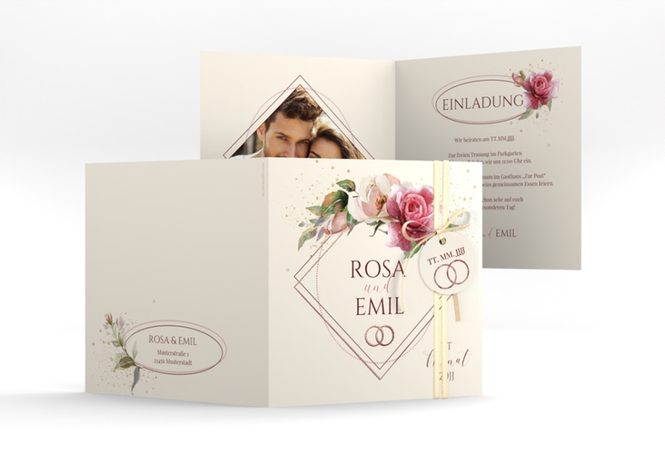 Hochzeitseinladung Rosenbogen quadr. Klappkarte rosegold