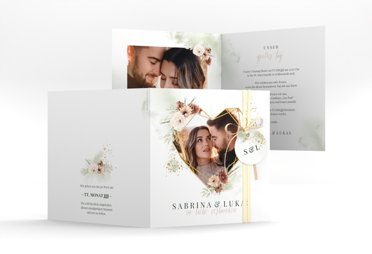 Hochzeitseinladung Odeur quadr. Klappkarte gold mit Foto in Herzform