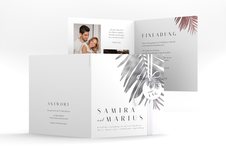 Hochzeitseinladung Palmenblatt quadr. Klappkarte silber mit Palmenwedel