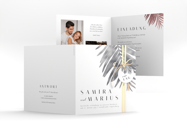 Hochzeitseinladung Palmenblatt quadr. Klappkarte silber mit Palmenwedel
