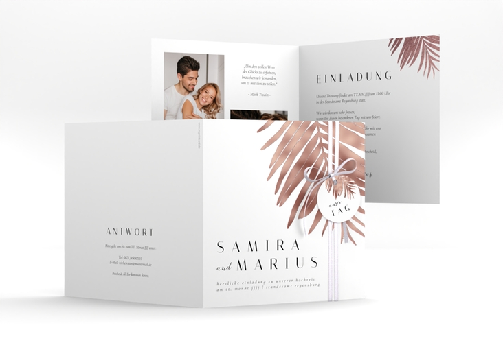 Hochzeitseinladung Palmenblatt quadr. Klappkarte rosegold mit Palmenwedel