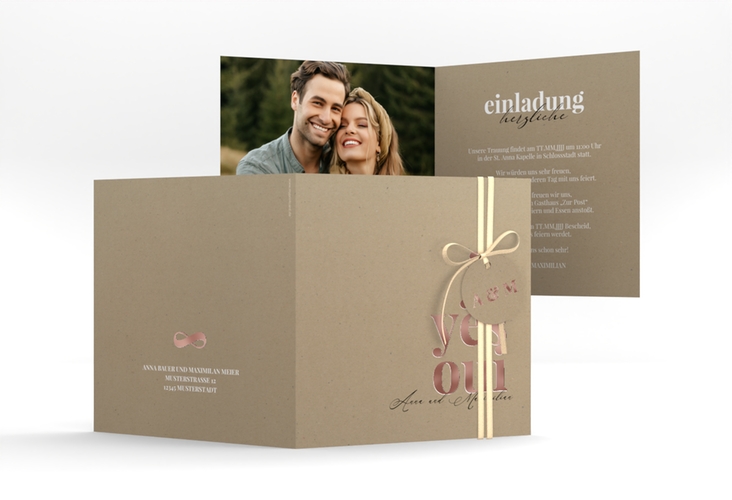 Hochzeitseinladung Oui quadr. Klappkarte rosegold mit Ja-Wort in verschiedenen Sprachen