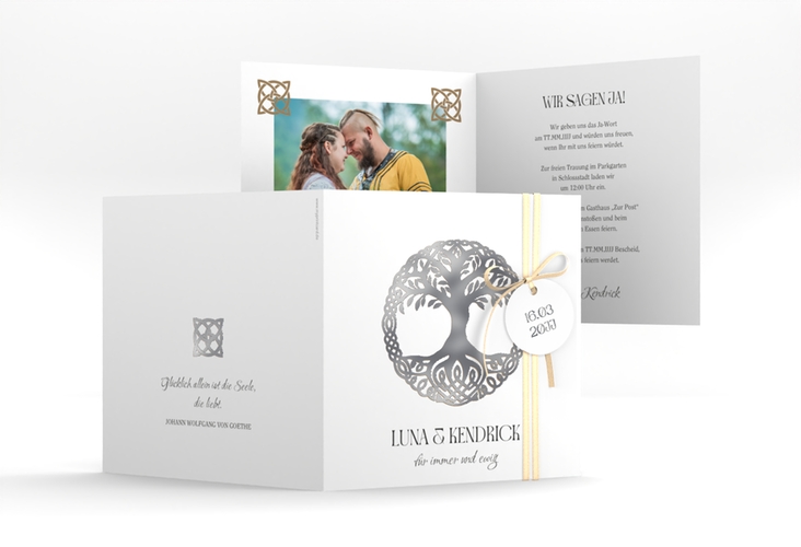 Hochzeitseinladung Lebensbaum quadr. Klappkarte silber im Stil der Kelten und Wikinger