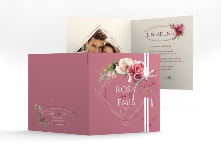 Hochzeitseinladung Rosenbogen quadr. Klappkarte rosegold