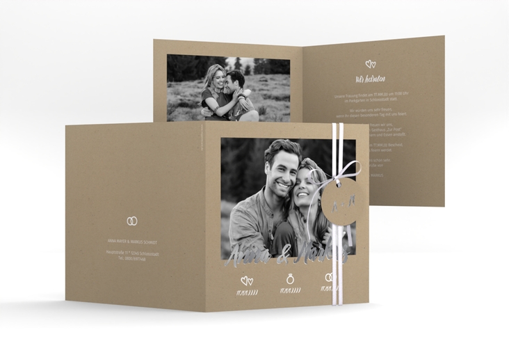 Hochzeitseinladung Icons quadr. Klappkarte silber mit großem Foto des Brautpaars